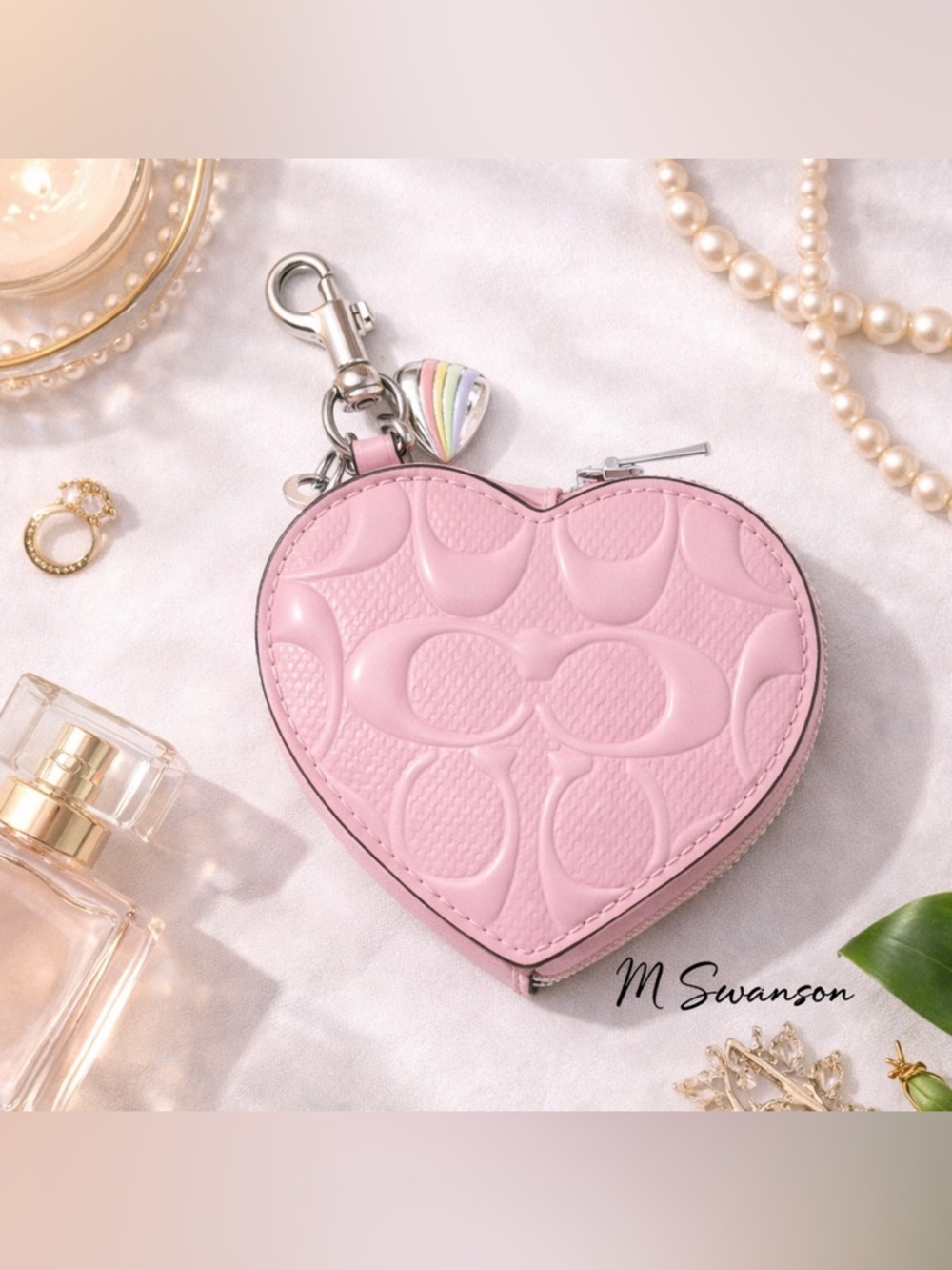 NEW Coach Pink Heart Bag Charm CDD04 Signature Pearlized Leather + charm NWT